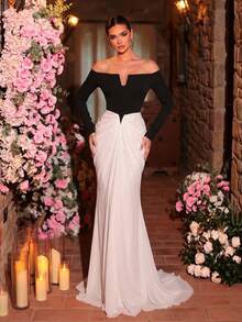 Glamrae Elegant Black And White Contrast Color Formal Evening Gown, Elastic Fabric Chiffon Ruffle Fishtail Hem Long Sleeve Wedding Guest Party Dress - Black and White - View 5