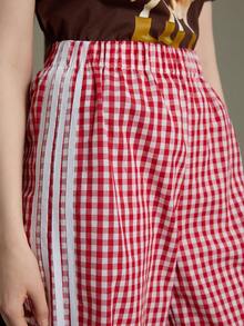 Elnivra Pantalones anchos de pierna ancha con cintura elástica lateral, estampado a cuadros y rayas de contraste, para uso casual, vacaciones y viajes - Rojo y blanco - Ver 6