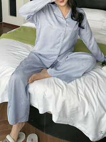 Dazy Plus Plus Size Solid Color Button Front Long Sleeve Top And Pants Pajama Set - Blue - View 4