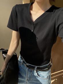 Livesso 女士宽松休闲商务办公街头风短袖黑色衬衫，春夏款 - 黑色 - 查看 8