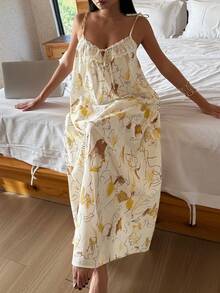 DAZY Vacation Style Abstract Graffiti Print Lace Trim Spaghetti Strap Long Women Nightgown - Apricot - View 6
