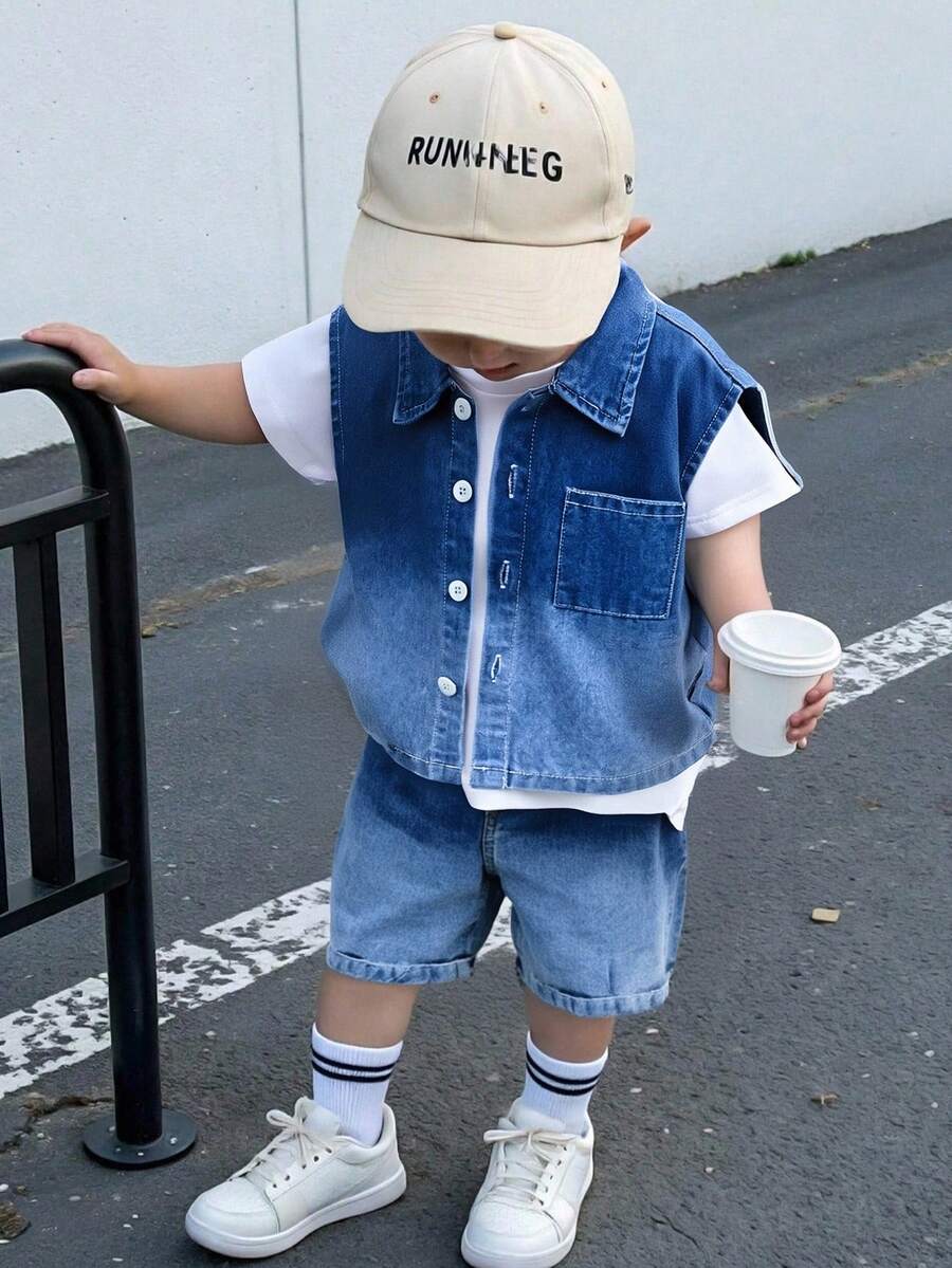 SHEIN Baby Boy 3-Piece Set: White Round Neck Short Sleeve Top, Sleeveless Denim Vest Jacket, And Shorts, Simple Style With Denim Pattern, Fashionable Design, Suitable For Outdoor Play And Casual Home Wear, Creating A Stylish Little Kid - Multicolor - View 1