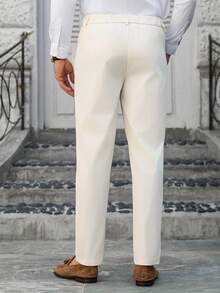 Manfinity Mode Men's Cream White Linen Pants,Summer Business Casual Tapered Suit Pants For Wedding,Formal Ceremony,Daily Office,Commuting & Outings - Beige - View 2