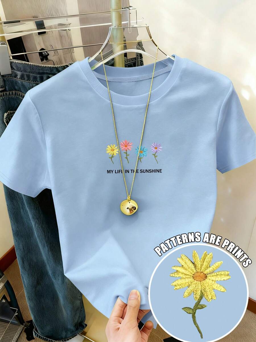 SHEIN EZwear 女士休闲简约花卉刺绣标语印花圆领 T 恤 - 淺藍色 - 查看 1