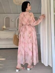 Dazy Plus Plus Size Women Chiffon Floral Print Patchwork Tie-Waist Maxi Dress, Elegant Resort Style For Spring/Summer Sundress Boho Vacation Outfits Women - Pink - View 3