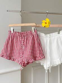 SHEIN EZwear 2 chiếc quần short nữ kẻ caro và màu trơn, thắt eo, xếp ly, kiểu dáng ngọt ngào dễ thương. - Nhiều màu - Xem 8