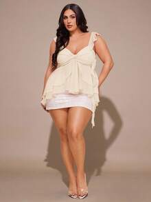 SHEIN BAE Plus Size Women Asymmetrical Ruffle Hem Camisole Top, Pink - Apricot - View 5