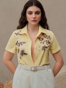 Anewsta Blus Lengan Pendek Bordir Bunga Elegan untuk Wanita, Serbaguna untuk Liburan, Mode Modern, dan Perjalanan Sehari-hari - Kuning - View 7