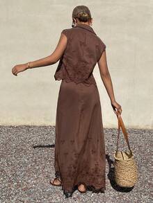 DAZY Women's Collared Hollow-Out Sleeveless Top & Skirt 2 Pieces Set, Vacation Outfit - Coffee Brown - View 3