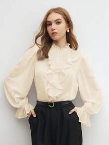 BizChic Nouvelle blouse femme à col volant multicouche crème/abricot, avec poignets élastiques. Polyvalente pour l'été, le bureau, le travail, les occasions sociales, formelles, Pâques, la Saint-Patrick, la remise des diplômes, la maternité, élégante, pour les déplacements urbains, décontractée, romantique, style vintage des années 90, robe de fête, vacances à la plage, mode de remise des diplômes, garde-robe de base - Nude - Voir 4