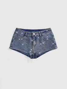 ROMWE Y2K Quần short denim nữ cạp siêu thấp, ôm sát, đính đá lấp lánh. - Màu xanh lam - Xem 1