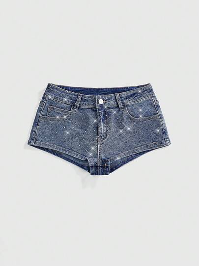ROMWE Y2K Quần short denim nữ cạp siêu thấp, ôm sát, đính đá lấp lánh.