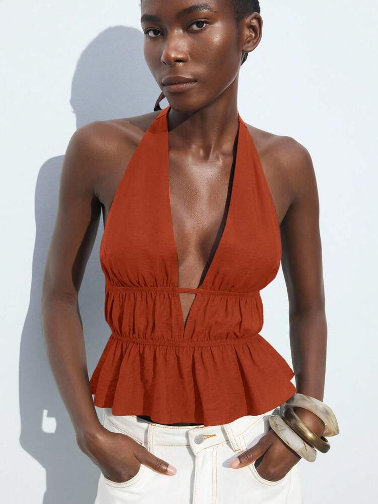 SHEIN Maija Casual Fashionable Versatile Solid Color Sexy Ruched Decor Halter Deep V Backless Cold Shoulder Top, Suitable For Business, Leisure, Beach, Bohemian Style Halter Neck Tops For Women Women's Summer Outfits Women's Tops For Summer Backless Top For Women