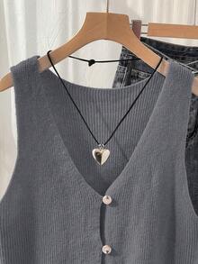 SHEIN Franclia Vintage V-Neck Knit Top,Dark Grey Button Design Textured Ribbed Knit Fabric,Summer Casual School Back-To-School Commute Layering Minimalist Soft Top - Grey - View 3