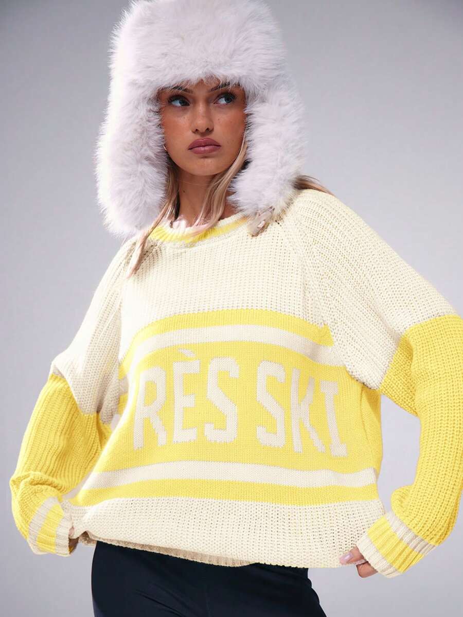 Musera Sport 厚针织宽松标语套头衫,Y2K 90年代休闲可爱运动滑雪俱乐部雪地舒适机场度假秋冬日常办公圣诞节感恩节时尚 - Butter Yellow - 查看 1