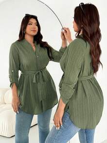 SHEIN Essnce 大码女式秋冬时尚休闲宽松舒适日常纹理面料长袖衬衫，金属扣系带收腰设计，袖子可调节，秋季穿搭，女士衬衫，工作上衣 - 薄荷綠 - 查看 3