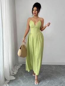 Elenzga Đầm maxi dáng dài thanh lịch, thoải mái, gợi cảm kiểu Pháp, thắt dây, hở lưng, dây mảnh, thích hợp cho kỳ nghỉ hè, mùa xuân/hè, màu trơn, xếp ly, đầm maxi nữ mùa hè, đầm đi nghỉ mát, phong cách mùa hè nắng ấm, thích hợp cho hẹn hò, tiệc sinh nhật, đám cưới, sự kiện tựu trường, thời trang nữ mới. - màu xanh lá - Xem 5