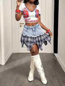 BamGleam Women's Summer Fashion Plaid Patchwork Asymmetric Hem Denim Mini Skirt - Light Wash - View 5