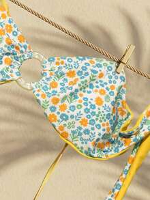 Swim Mod Women's Bandeau Backless Tie-Back Circular Ring Ditsy Floral Reversible Bikini Set Set With Detachable Straps, Suitable For Spring, Summer And Autumn Beach Vacation Bikini Set Vacation Flower Bikini - Multicolor - View 9