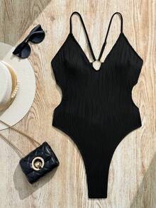 Swim SXY Women's Sexy Solid Color Backless Round Ring Criss-Cross Wavy Texture One-Piece Swimsuit, Suitable For Spring, Summer, Autumn Beach Vacation - Black - View 3