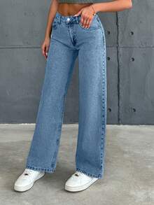 EURMUSE Women's Front Button Pocket Simple Design Casual Denim Jeans - Medium Wash - View 5