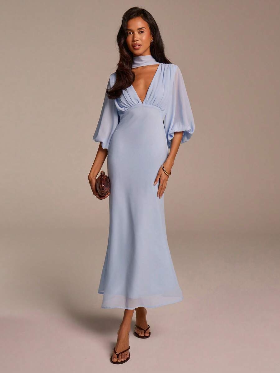 COSMINA Đầm maxi đuôi cá thanh lịch bằng chiffon màu xanh nhạt dành cho nữ, cổ chữ V sâu, tay phồng, xếp ly, màu trơn, thích hợp cho kỳ nghỉ, tiệc tùng, đám cưới, khách mời hoặc phù dâu. - Màu xanh nhạt - Xem 1