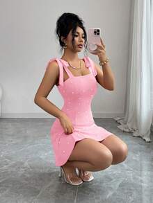 Rafferiza Vestido mini ajustado de línea A con decoración de lazo y perla, de unicolor y elegante moda para mujer - Rosa Pálido - Ver 6