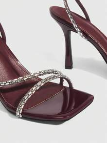 CUCCOO SZL Women's Square Toe Rhinestone Ankle Strap Sandals For Christmas Spring Shoes - Burgundy - View 5