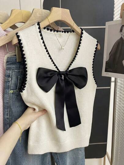 SHEIN Franclia New Spring/Summer Apricot French Satin Bowknot Gentle Elegant Sweet Cute Casual Loose V-Neck Sleeveless Vest Waistcoat Contrast Color Embroidery Fashionable Versatile Retro Layered Knit Pullover Sweater For Women