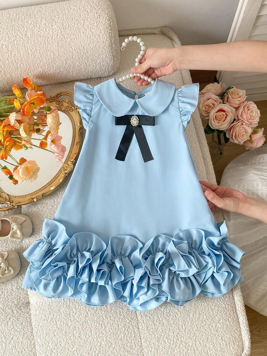 SHEIN Tween Girl Light Blue Summer Cute Floral Print Loose Short Sleeve Elegant Party Vacation Dress, Tween Girl Blue Ruffle Bow Knot Matching Dresses - White - View 1