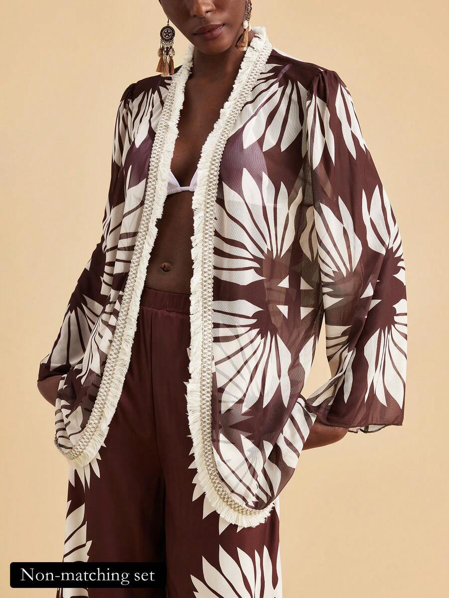 Travachic Women's Vacation Plant Print Tassel Trim Kimono Cover Up - Multicolor - View 1
