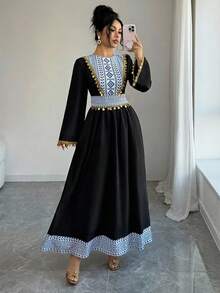 Women's Elegant Geometric Pattern Sequin Splice Flare Sleeve Waist Cinched Arabian Style Dress, Suitable For Spring And Autumn - Black - View 2