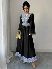 Women's Elegant Geometric Pattern Sequin Splice Flare Sleeve Waist Cinched Arabian Style Dress, Suitable For Spring And Autumn - Black - View 5