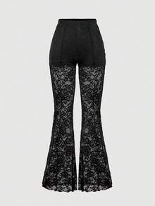 SHEIN MOD 女士时尚黑色蕾丝半透明长裤 - 黑色 - 查看 5