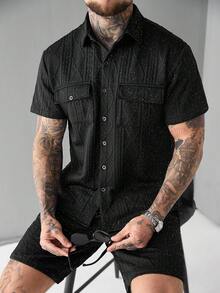 Manfinity CasualCool Men's Casual Shiny Short Sleeve Shirt Set, Summer - Black - View 1