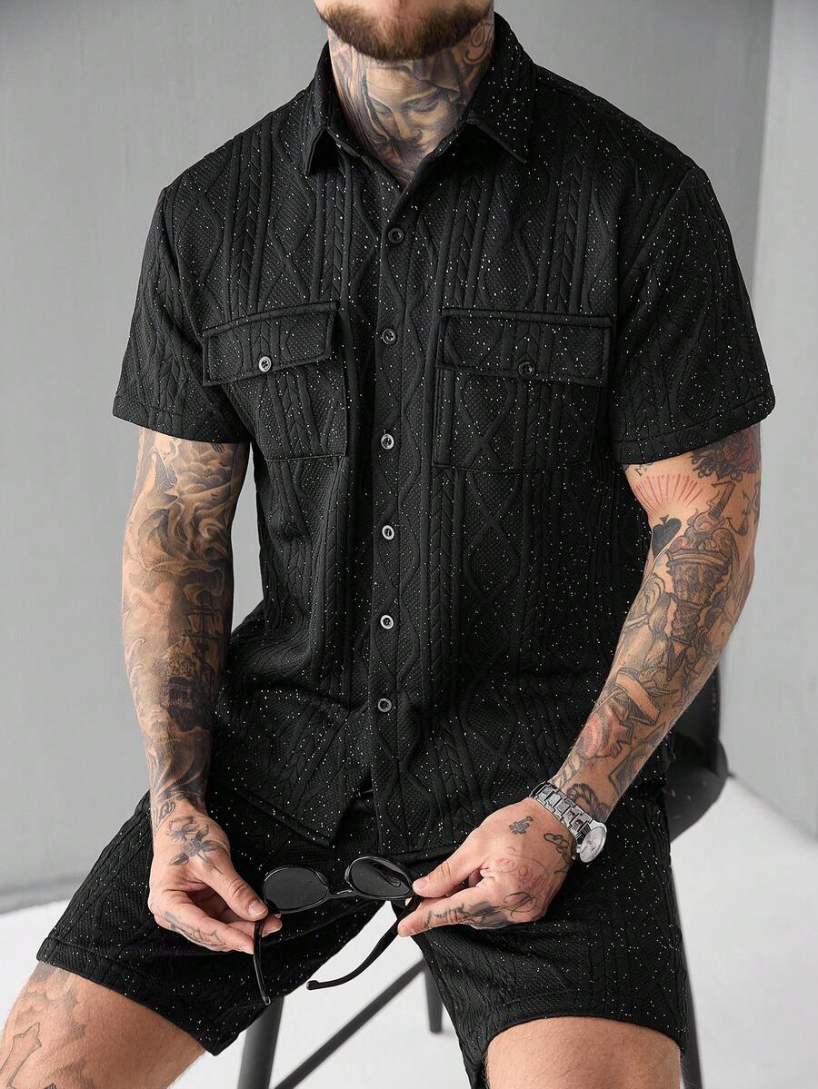 Manfinity CasualCool Men's Casual Shiny Short Sleeve Shirt Set, Summer - Black - View 1