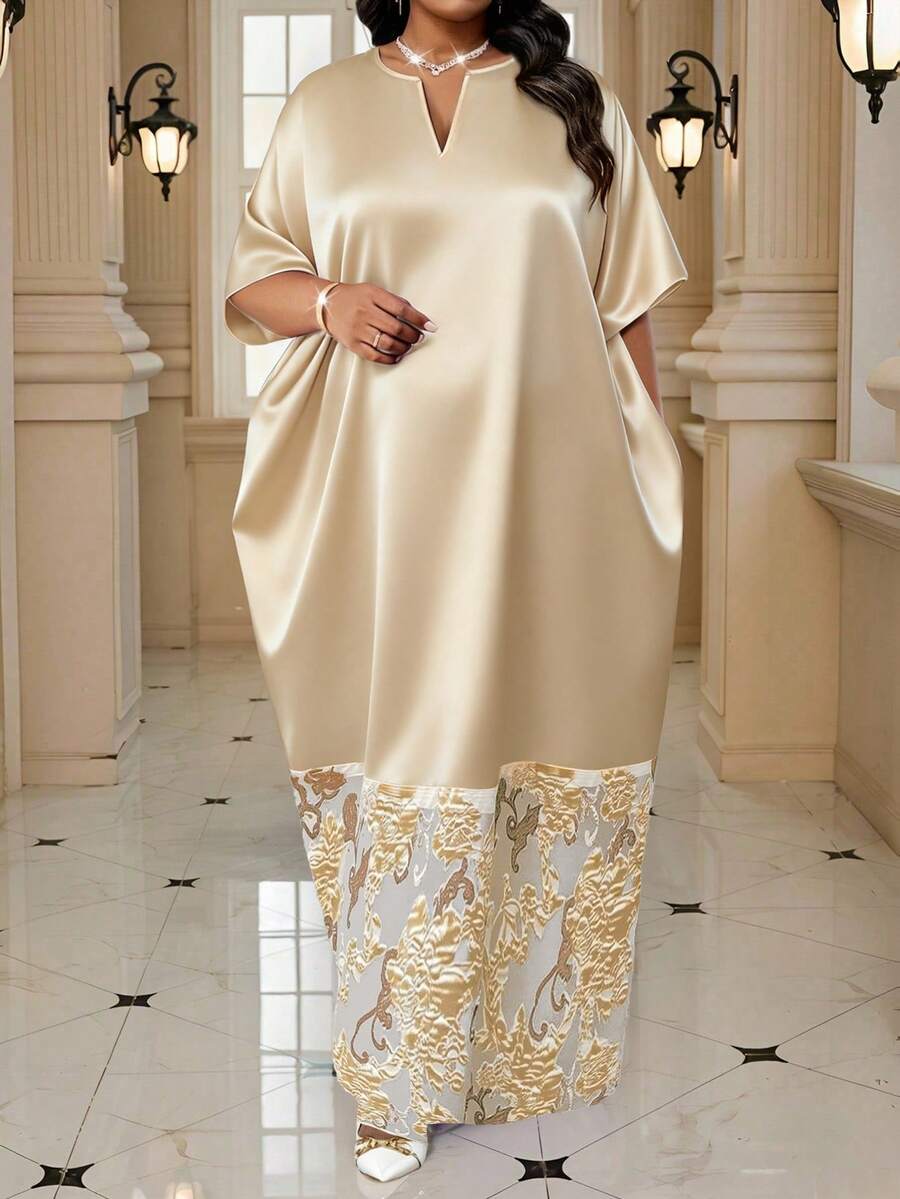 Fleurora 大码纯色印花拼布短袖连衣裙 - 杏色 - 查看 1