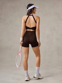 OutZeal Women Sports Black Jumpsuits Gym Workout Wear Summer Sweat Wicking Bra-In Cut-Out Back Knotted Romper - Brown - View 9