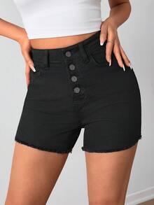 SHEIN Women High Waist Button Detail Denim Short - Black - View 6