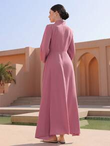 Graceveil Elegant Stand Collar Cinched Waist Flared Long Sleeve Applique Dress For Women - Pink - View 7