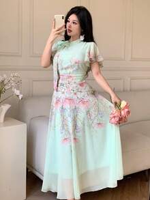 Modelyn Đầm xòe in họa tiết, xếp ly, thắt eo dành cho nữ - Màu xanh nhạt - Xem 5