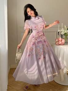 Modelyn 女士系带腰部褶皱印花喇叭连衣裙 - 淡紫色 - 查看 4