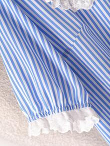 CosyJoli Plus Size Women's Button-Up Shirt,Striped Casual Blouse,Lace Trim Ruffle Collar Blue And White Summer Elegant Tea Party Top With Puffy Sleeve - Blue - View 5