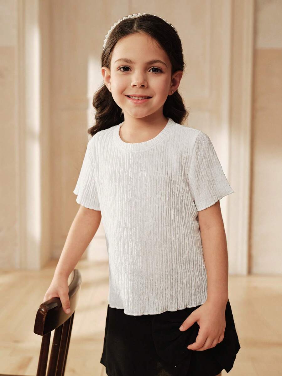 SHEIN Young Girls White Textured Round Neck Short Sleeve T-Shirt Everyday Casual Fitted Semi-Sheer Polyester Regular Length - White - View 1