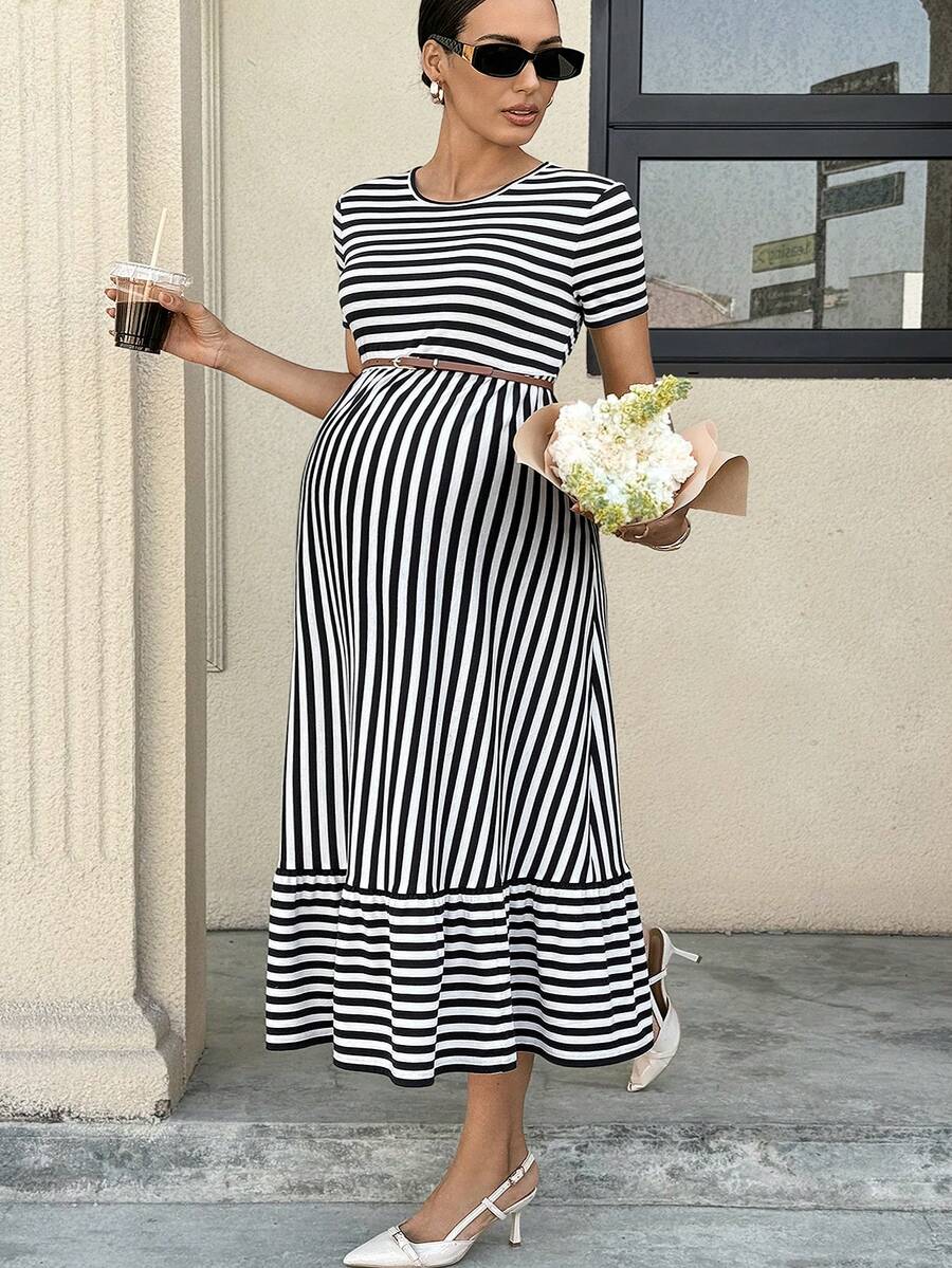 MaterniWear Maternity Striped Round Neck Short Sleeve Ruffle Hem Casual Dress - Blue and White - View 1