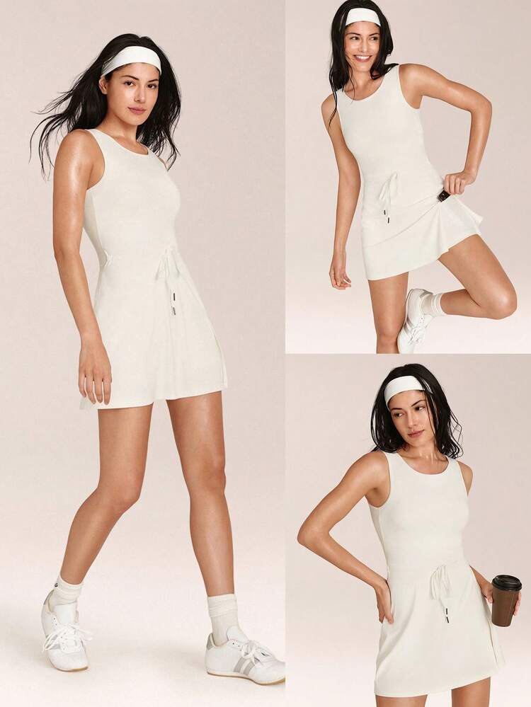 Everyday Moves Crewneck Drawstring Waist Open Back Side Split Hem Built-In Shorts Pockets Anti-Slip Grips Active Dress Daily Casual Street Wear