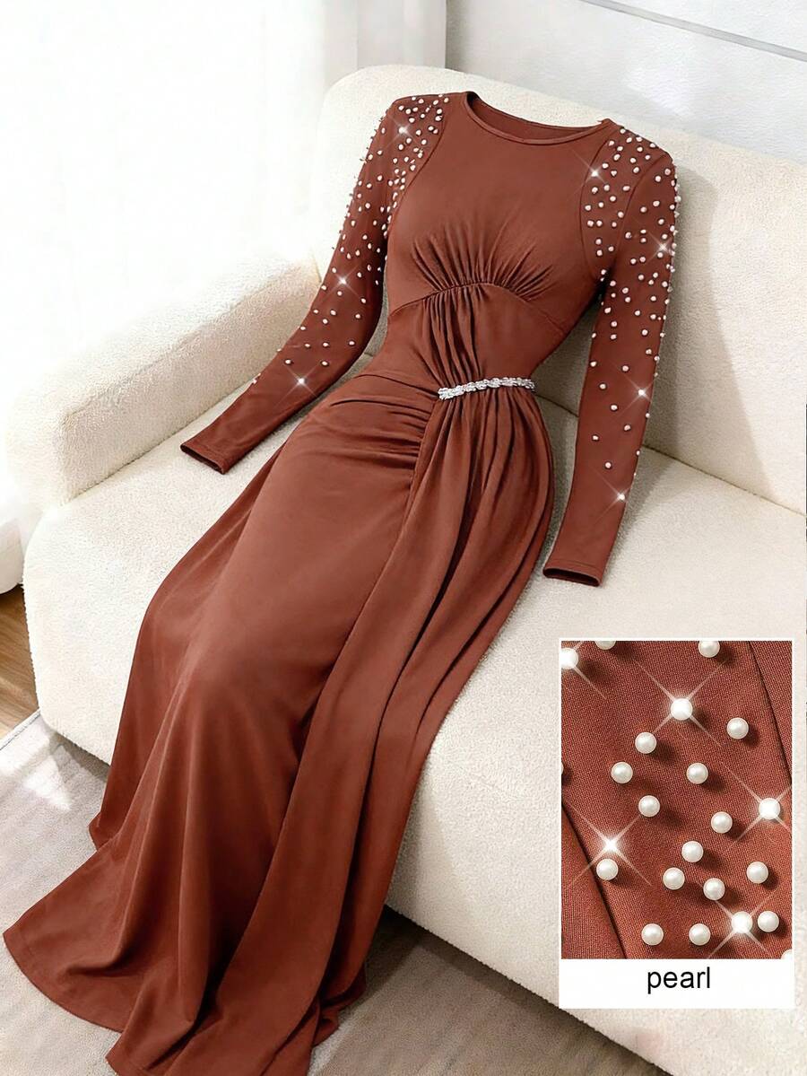 Modelyn 优雅珍珠点缀长袖连衣裙，修身飘逸女士正式礼服，秋季款 - 棕色 - 查看 1