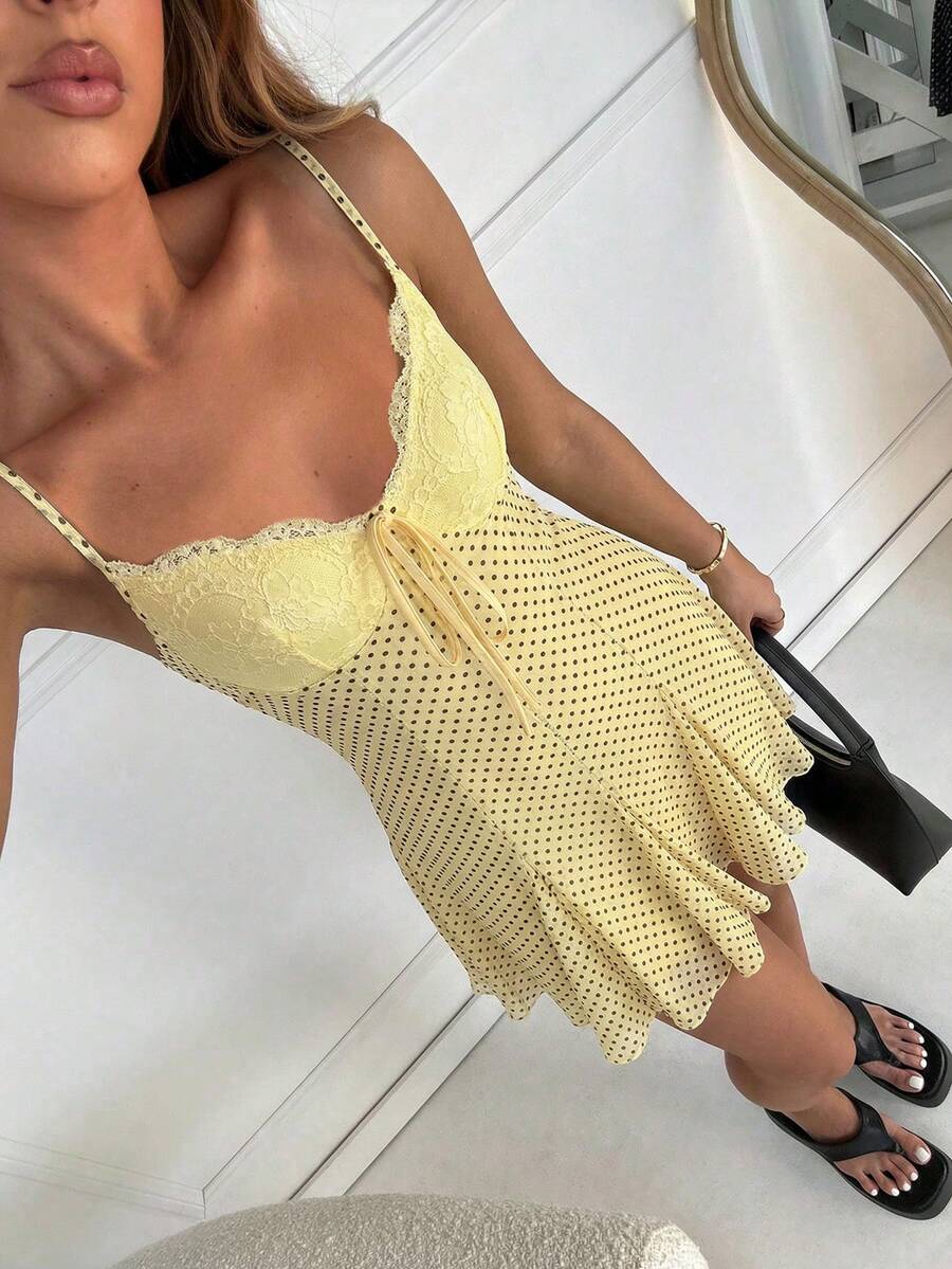 SHEIN EZwear 夏季黄色波点休闲度假吊带迷你连衣裙 - 黃色 - 查看 1