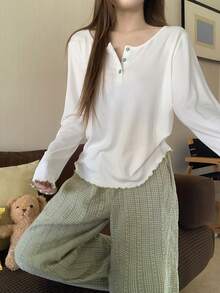 DAZY 绿色清新亨利领上衣和格子睡裤女士睡衣套装 - 綠色 - 查看 5