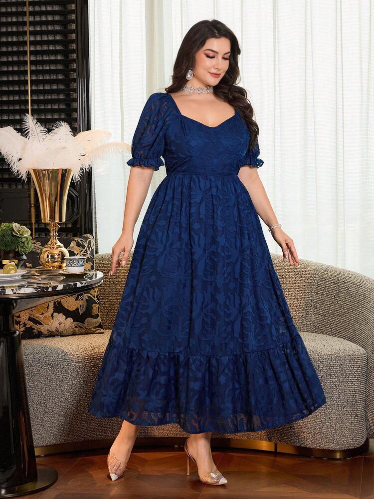 Modelyn Elegant Navy Jacquard Dress Plus Size Square Neck Puff